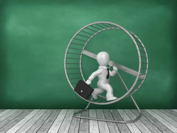 Photo of Cartoon Business Person Running on Exercise Hamster Wheel on Chalkboard Background - 3D Rendering