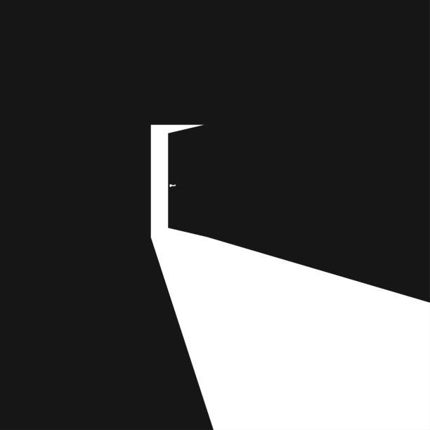 Light black door open in abstract style on dark background. Vector illustration concept Light black door open in abstract style on dark background. Vector illustration concept in flat doorway stock illustrations
