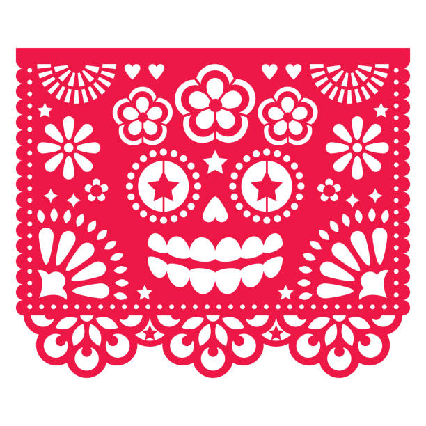 Halloween Papel Picado design with La Catrina skull, Mexican paper cut out pattern - Dia de Los Muertos, Day of the Dead celebration Papel Picado black geometric decoration set with female, traditional party paper garland from Mexico papel picado illustrations stock illustrations