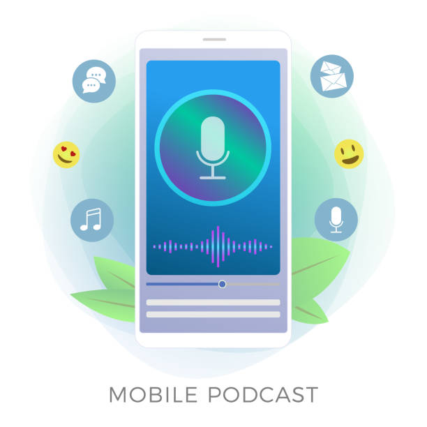 istock Mobile Podcasting and Streaming application flat vector icon. Podcast Listening Radio Services on mobile phone. Microphone and play bar icon. The concept of interviews, audio and music programs, news 1250436614