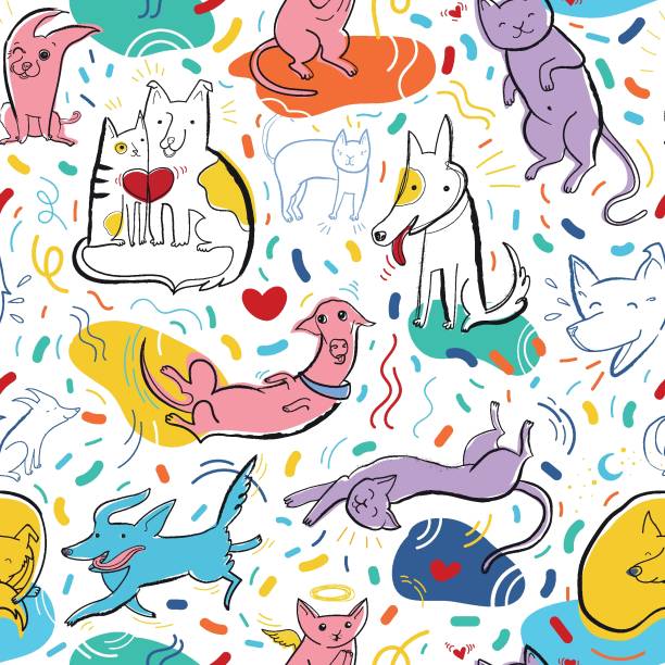 Seamless vector pattern with cute color cats and dogs in different poses and emotions vector art illustration