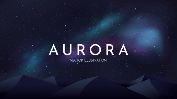 Abstract vector illustration. Minimalistic concept. Night sky with aurora borealis. Text behind the flat mountains. Realistic landscape. Dark wallpapers. Template for website or game. Panoramic banner Abstract vector illustration. Minimalistic concept. Night sky with aurora borealis. Text behind the flat mountains. Realistic landscape. Dark wallpapers. Template for website or game. Panoramic banner alaska northern lights stock illustrations