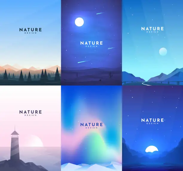 Vector illustration of Abstract flat graphic background set. Minimal polygonal landscape. Gradient bright color. Element for design business cards, invitations, gift cards, flyers and brochures. Vertical banner with text