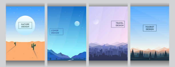 Abstract vector backgrounds set. Sunny desert with cactus, road between mountains, buildings silhouettes and forest with clear blue sky. Cover design. Poster and brochure template. Vertical wallpapers Abstract vector backgrounds set. Sunny desert with cactus, road between mountains, buildings silhouettes and forest with clear blue sky. Cover design. Poster and brochure template. Vertical wallpapers cityscape patterns stock illustrations
