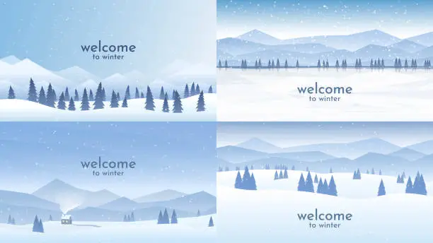 Vector illustration of Vector illustration. Flat winter landscape. Simple snowy backgrounds. Snowdrifts. Snowfall. Clear blue sky. Blizzard. Snowy weather. Cold season. Panoramic wallpapers. Set of backgrounds.