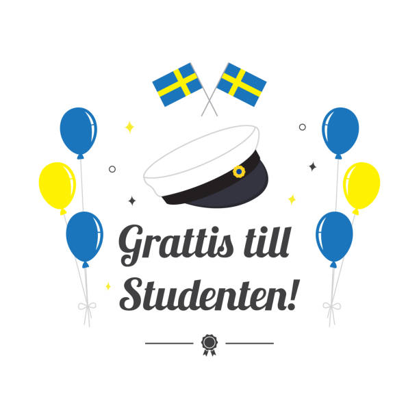 ilustraciones, imágenes clip art, dibujos animados e iconos de stock de gorra de graduación con globo y bandera de suecia, ilustración vectorial de la tarjeta de felicitación. traducción sueca: "felicidades por la graduación! " - suecia