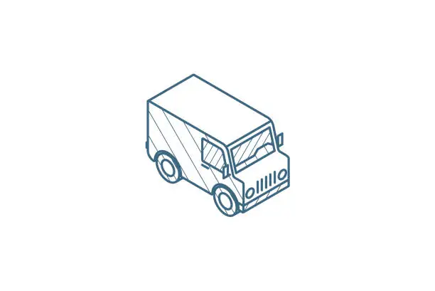 Vector illustration of minivan, transportation, car isometric icon. 3d line art technical drawing. Editable stroke vector