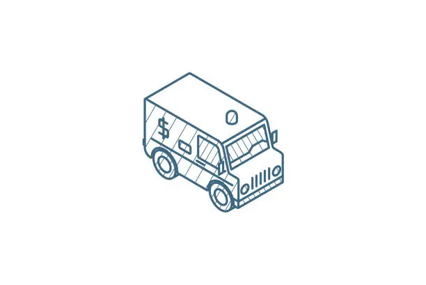 Vector illustration of encashment service car, bank collector van, money delivery isometric icon. 3d line art technical drawing. Editable stroke vector