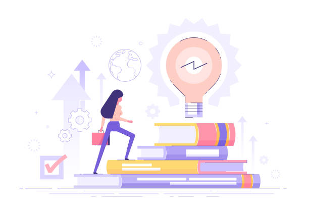 Businesswoman climbs on a stack of books to knowledge. Education and professional career concept. MBA. Modern vector illustration. Businesswoman climbs on a stack of books to knowledge. Education and professional career concept. MBA. Modern vector illustration. continuing education stock illustrations