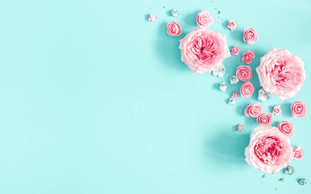istock Flowers composition. Frame made of rose flowers on blue background. Flat lay, top view, copy space 1250439310