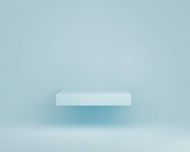 3D pastel blue display podium. Square levitating shelf for product promotion with copy space. Clean minimalist empty template with mockup. 3d render illustration