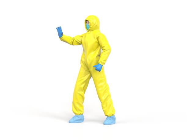 istock Medic in yellow hazmat suit raise hand, stop sign 1250442020