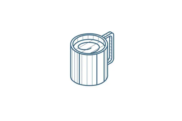 Vector illustration of coffee cup isometric icon. 3d line art technical drawing. Editable stroke vector