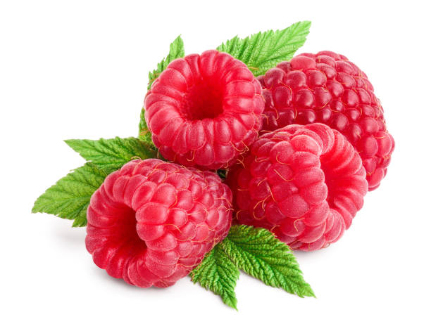 istock Ripe raspberries with leaf isolated on a white background 1250443382