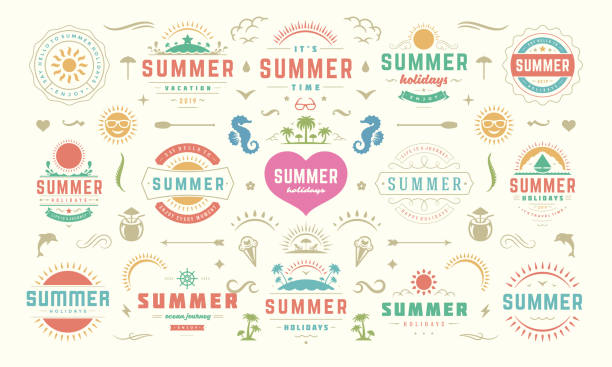 Summer labels and badges design set retro typography for posters, greeting cards and banners Summer labels and badges design set retro typography for posters, greeting cards and banners. Summer holidays icons and design elements collection. summer fun stock illustrations