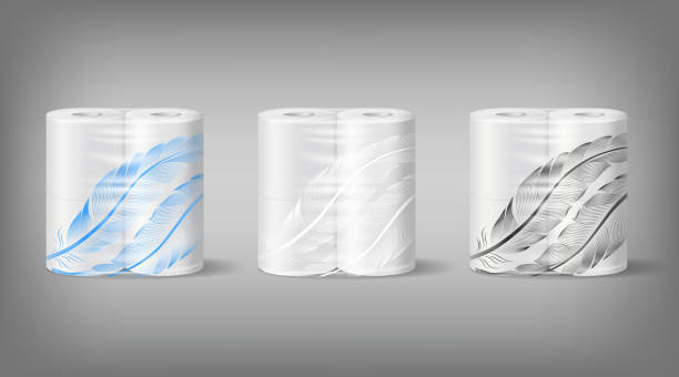 White toilet paper Set white toilet paper in plastic transparent packaging with decorated with a pattern of feathers, template, mock up for design. tissue box pattern stock illustrations