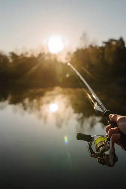 Photo of Fisherman with fishing rod in his hand catches fish on a boat. Fishing Day. Spinning in hand on pond background.