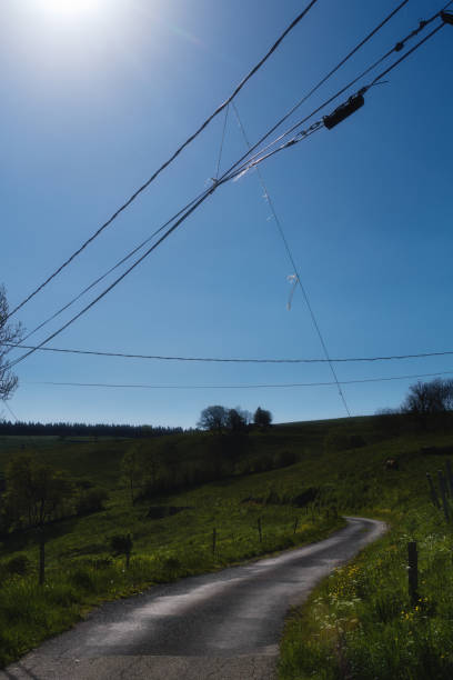 istock electric wire supported by a string above a small road in France 1250447960