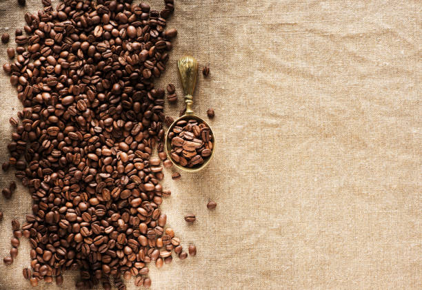 Coffee beans and a scoop on burlap, top view. Coffee background