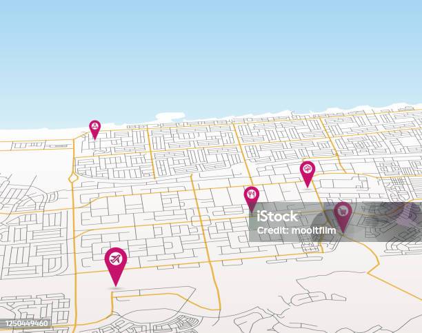 Vector City Map In Perspective View With Pointers Stock Illustration ...