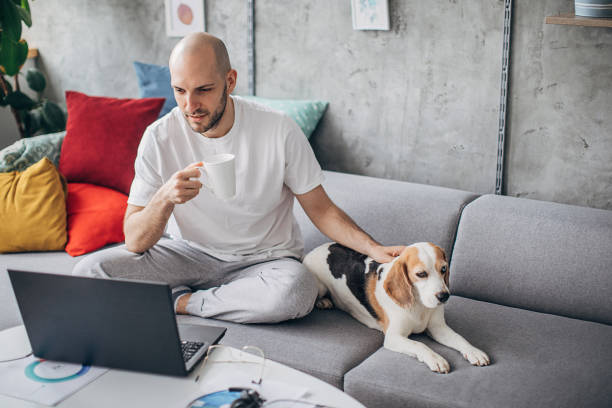 istock Dog keeps a young man company while he working on laptop at home 1250450214