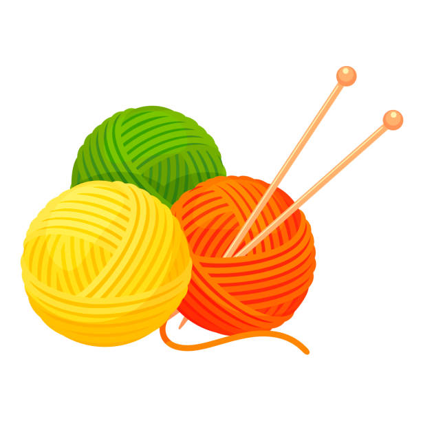 Balls of yarn with knitting needles. Clews, skeins of wool. Tools for handicraft, hand-knitting. Balls of yarn with knitting needles. Clews, skeins of wool. Tools for knitwork, handicraft, crocheting, hand-knitting. Female hobby. Vector cartoon illustration isolated on white background. skein stock illustrations