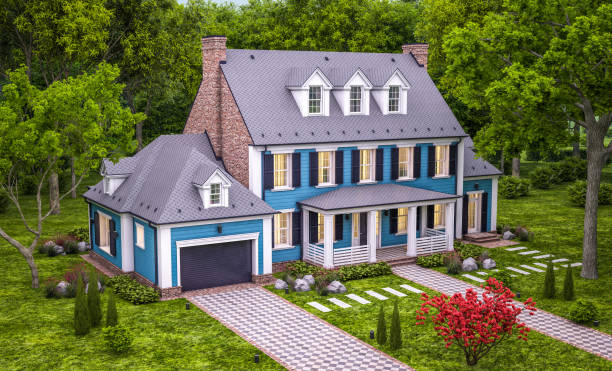 istock 3d rendering of modern classic house in colonial style in evening 1250450607