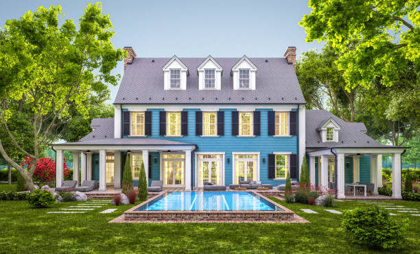 istock 3d rendering of modern classic house in colonial style in evening 1250450609