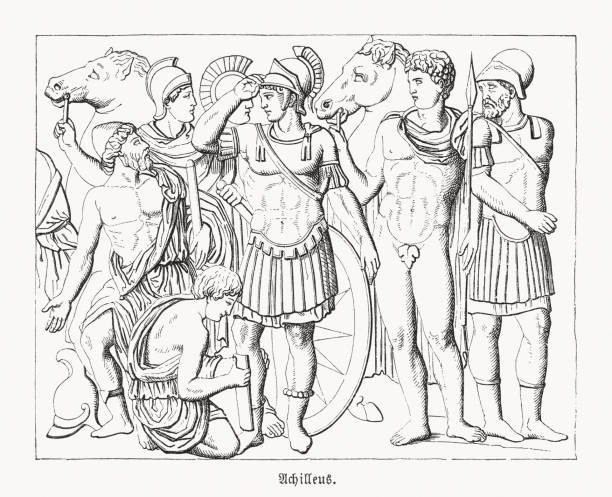 achillesbewaffnung, trojanischer krieg, holzstich, veröffentlicht 1868 - achilleus stock-grafiken, -clipart, -cartoons und -symbole