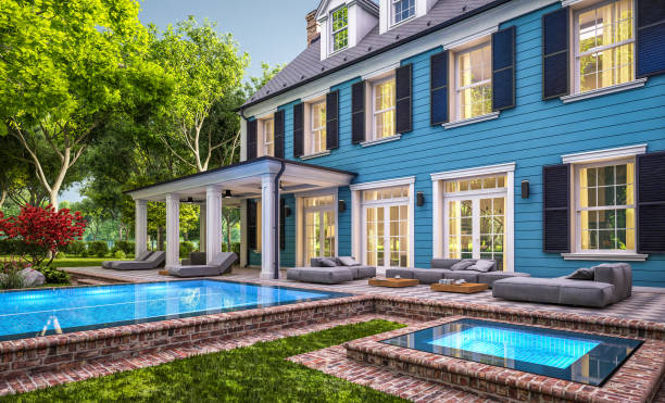 istock 3d rendering of modern classic house in colonial style in evening 1250450728