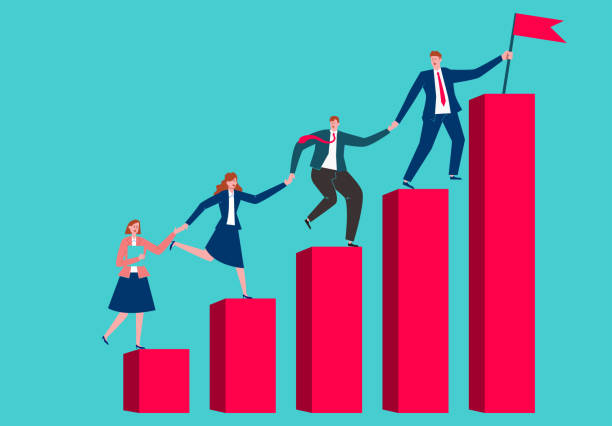 Teamwork climbing hand in hand to reach the highest point of the bar chart Teamwork climbing hand in hand to reach the highest point of the bar chart leadership illustrations stock illustrations