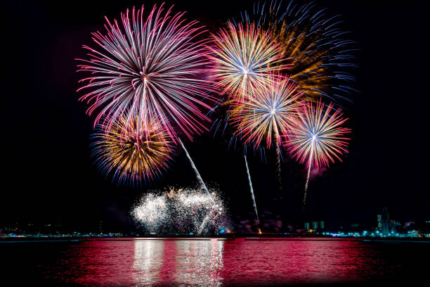 istock Beautiful colorful firework display over sea on celebration night. Firework festival showing on independence day or happy new year. 1250455173