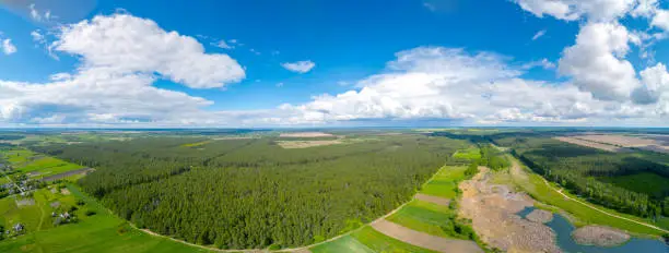Rural landscape, aerial view. Skyview of countryside. View of plowed and green fields and pine forest in spring. Panorama 180 from 21 images