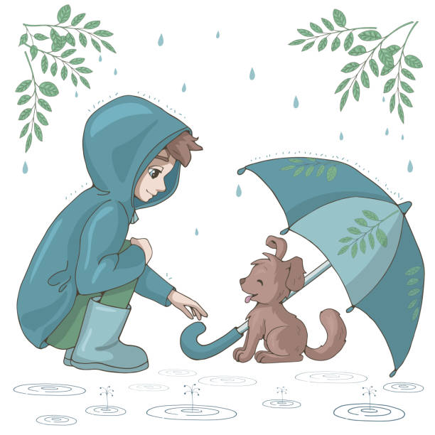 illustrations, cliparts, dessins animés et icônes de le garçon de dessin animé abris un chiot mignon sous son parapluie. - cartoon umbrella dog care