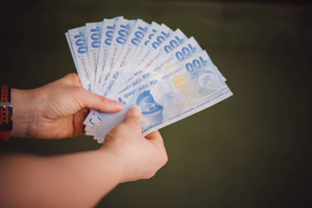istock Hand holding hundred Turkish money Banknote 1250457650