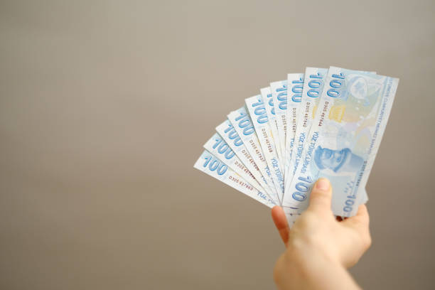 istock Hand holding hundred Turkish money Banknote 1250457676