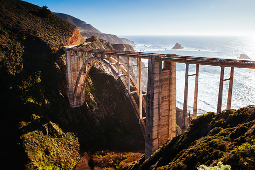 A view of Bixby Bridge out to the Pacific Ocean near Big Sur, California, USA