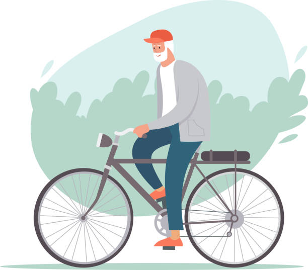 illustrazioni stock, clip art, cartoni animati e icone di tendenza di anziano in bicicletta nel parco. concetto di pensionamento attivo. - riding old old fashioned motion