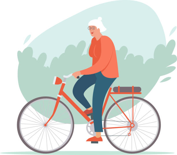 illustrazioni stock, clip art, cartoni animati e icone di tendenza di anziana in sella a una bicicletta nel parco. concetto di pensionamento attivo. - riding old old fashioned motion