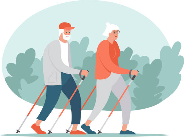 illustrations, cliparts, dessins animés et icônes de couples aînés âgés faisant l’entraînement nordique de marche ensemble - hiking outdoors women men