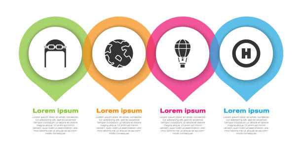 ilustrações, clipart, desenhos animados e ícones de definir chapéu aviador com óculos, worldwide, balão de ar quente e plataforma de pouso helicóptero. modelo infográfico de negócios. vetor - air vehicle business airplane multi colored