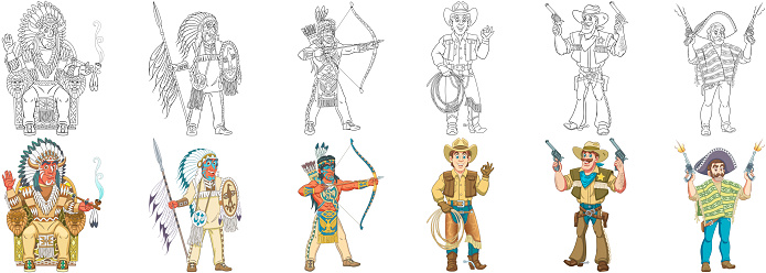 Coloring pages. Historical characters. Cartoon clip art set for kids activity coloring book, t shirt print, icon, label, patch or sticker. Vector illustration.