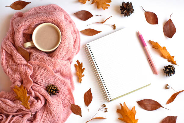 istock Autumn composition with cup of cocoa, scarf, dried leaves and notebook 1250464904