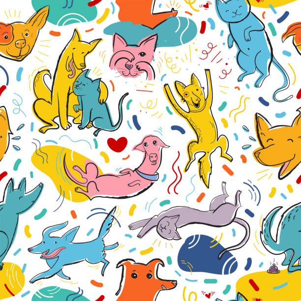 ilustrações de stock, clip art, desenhos animados e ícones de seamless vector pattern with cute color cats and dogs in different poses and emotions, best friends - foot wraps