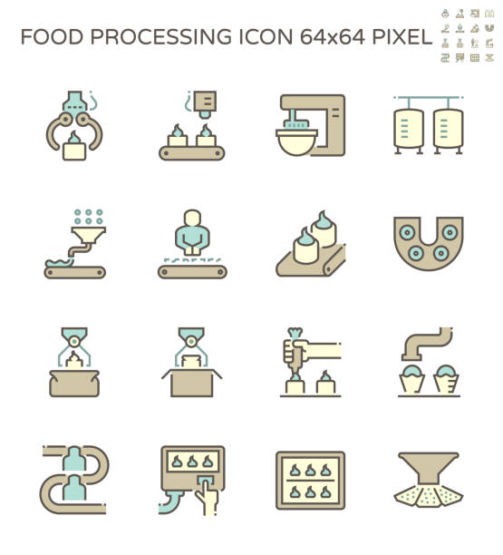 stockillustraties, clipart, cartoons en iconen met voedselverwerkende industrie bakkerij op productielijn vector icoon set ontwerp, 64x64 pixel perfecte en bewerkbare slag. - control room