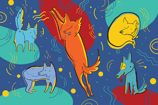 Vector illustration with happy dogs surrounded by hand drawn graphic elements. Funny childish emotional characters.