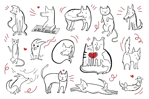 Vector set of cute characters dogs and cats in different emotional states. Black contour illustration with red elements.