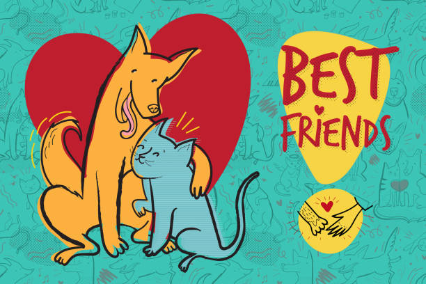 Vector greeting card with dog and cat in love, best friends vector art illustration