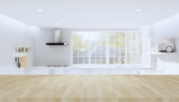 istock 3d rendering of wood counter top product display  and blurred kitchen background. 1250471072