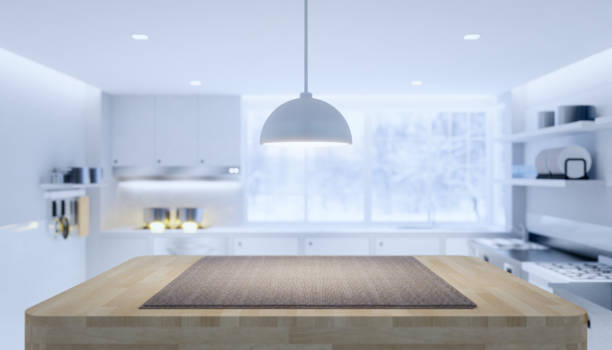 istock 3d rendering of wood countertop product display and blurred kitchen background. 1250471074